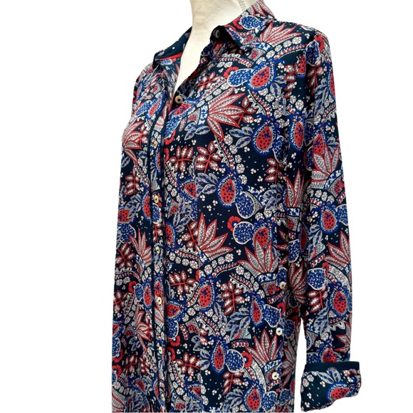 NWOT Foxcroft Red, White & Blue Paisley Collared Shirt Dress | Long Sleeves (8) - Picture 14 of 16
